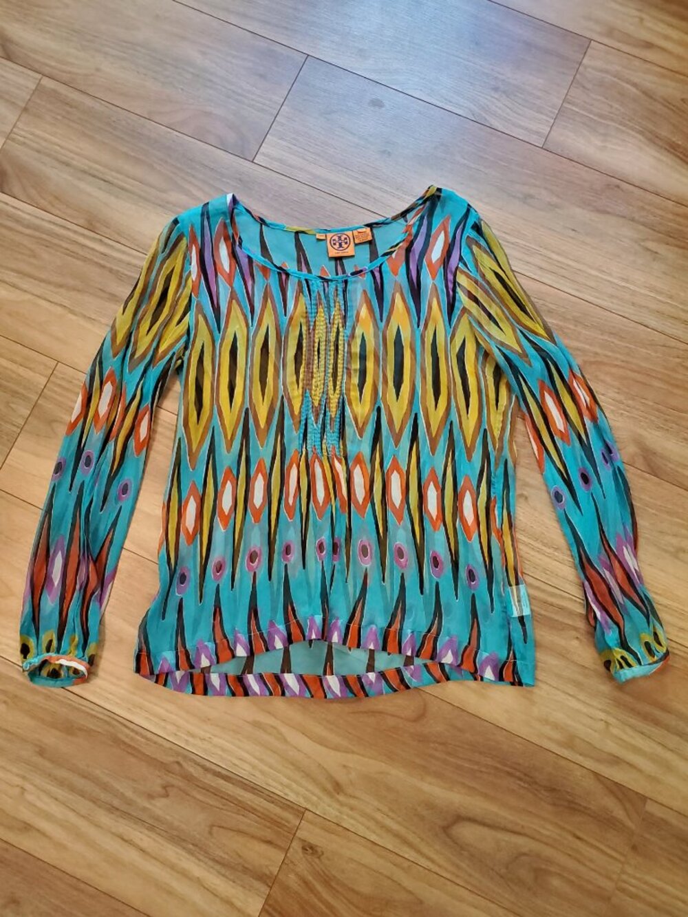 Tory Burch Silk Sheer Ikat Peacock Blouse Top Size 10